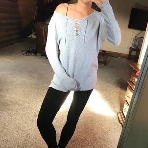 ASOS Lace Up Knit Sweater, Heathered Light Blue